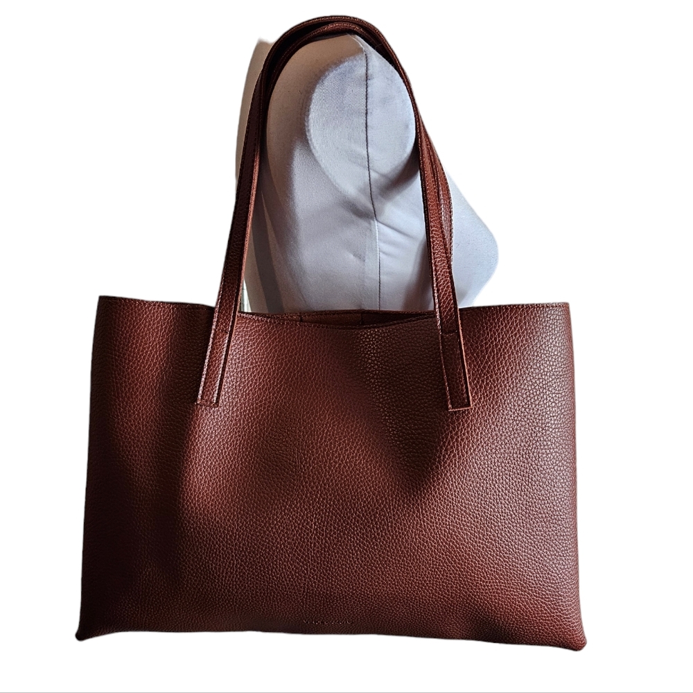 Vince Camuto Luck Brown Black Vegan Faux Leather Tote Bag Pebbled Laptop Career - Picture 4 of 13